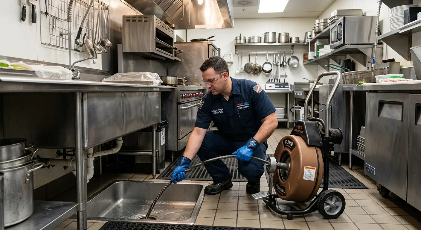 Commercial drain cleaning service in a restaurant kitchen in Rodeo