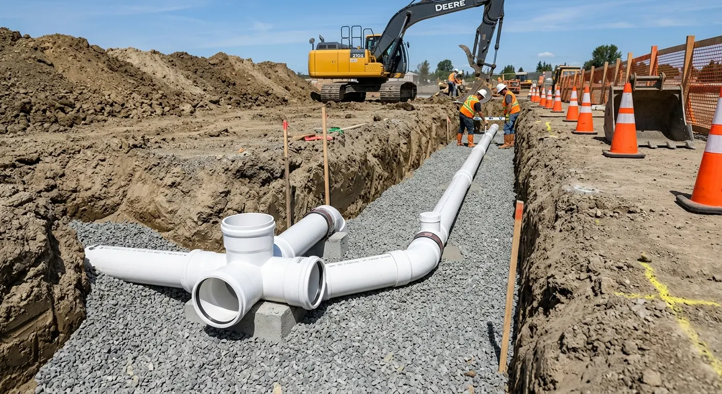 New PVC sewer pipe installation in open trench for Sewer Backup in Rodeo