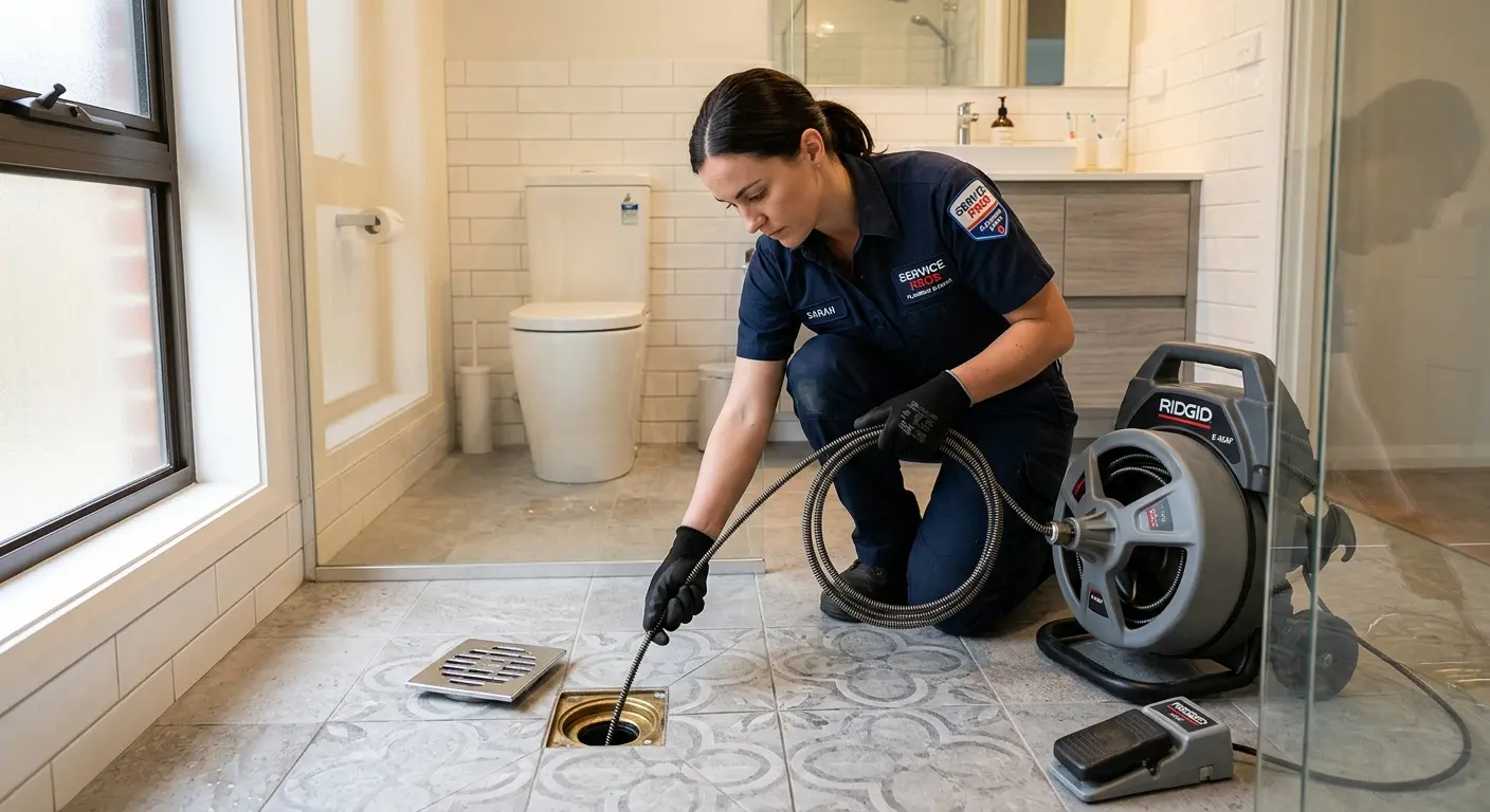 Technician clearing a bathroom floor drain for Drain Cleaning in Rodeo